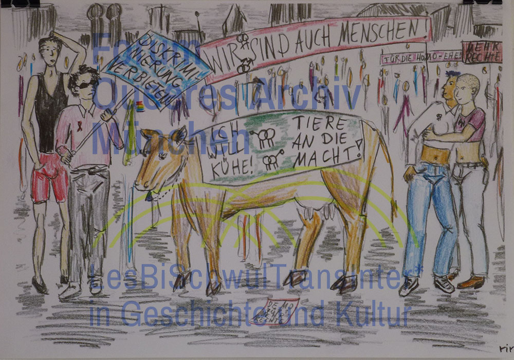 Reimer 1998(?) – Zeichnung einer Lesbendemo mit Kuh
